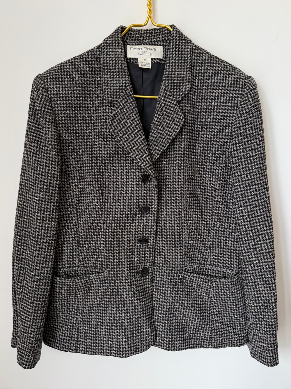 Vintage Rena Rowan for Saville Black Gray Houndstooth Silk Wool Blend Blazer 12
